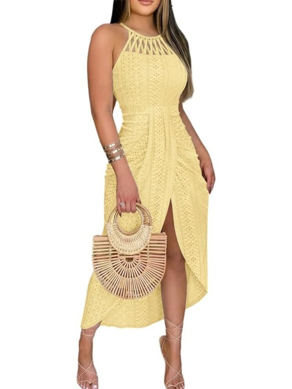 Women's Yellow Summer Eyelet Embroidery Comfortable Halter Ruched Bodycon Dress
